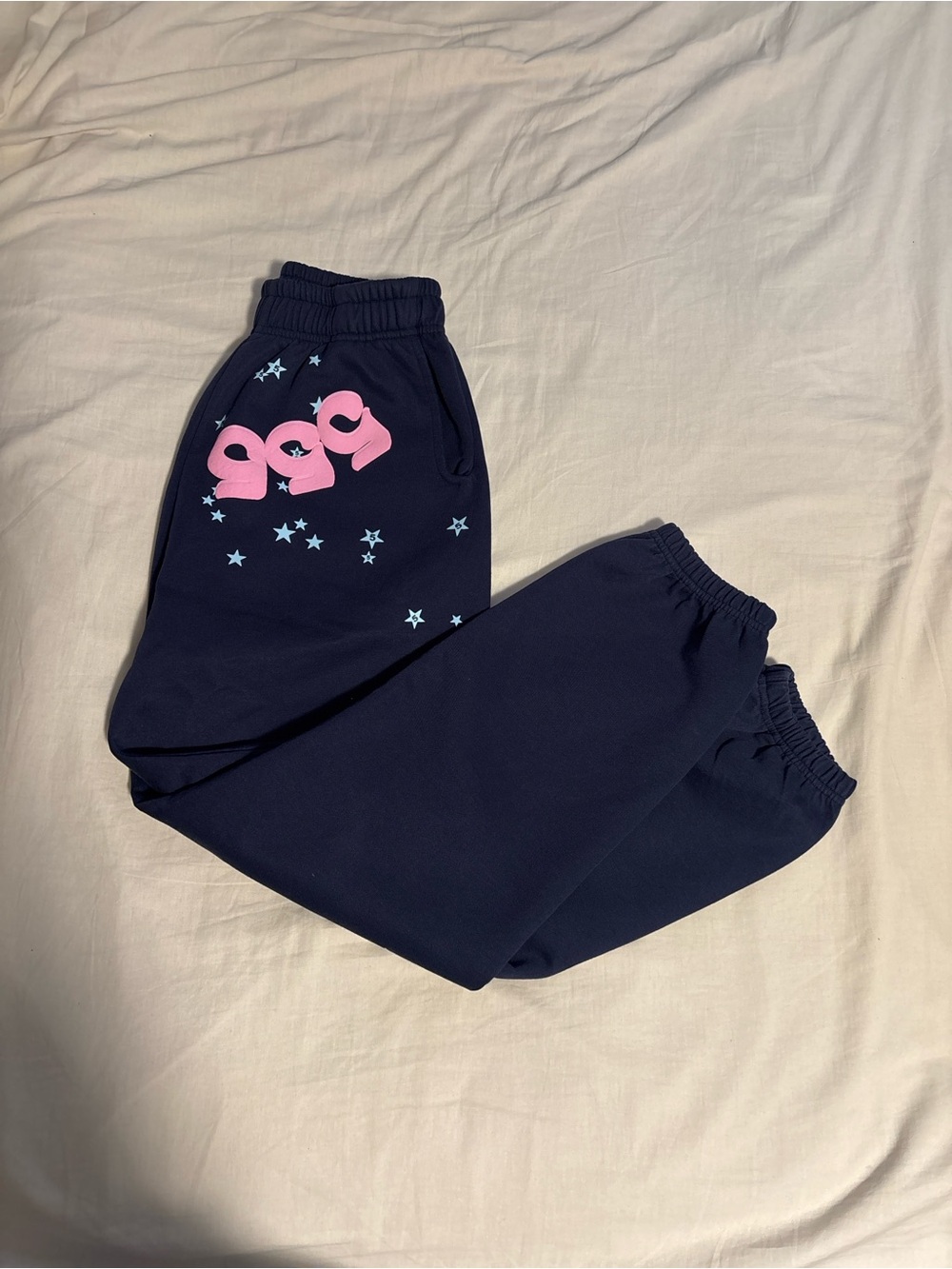 Men's Navy Sweatpants with Pink Logo and Light Blue Star Accents